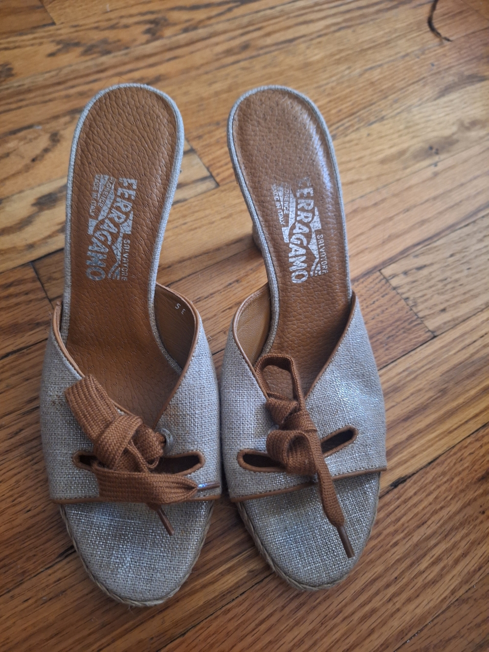 Salvatore Ferragamo Tan Linen and Brown Knot Mules
